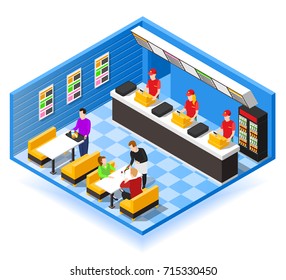 Fast food restaurant isometric design concept with cashiers in red uniform waiter and visitors sitting at table vector illustration 