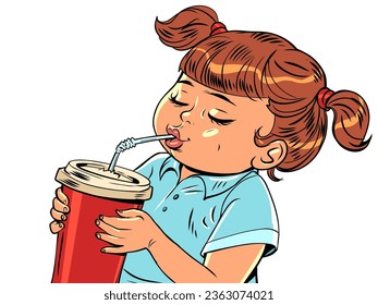 Fast food restaurant for kids and families. Takeaway water and cola. Girl drinking from a glass with a straw on a white background