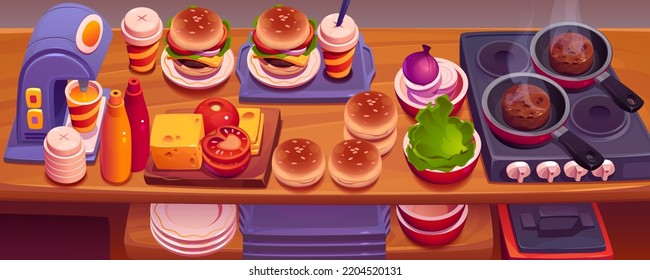 Fast Food Restaurant Küche mit Hamburger, Herd mit Bratpfanne, Teller, Schalen, Produkte und Saft Maschine auf hölzerner Theke. Draufsicht auf Kochburger im Café, Vektorgrafik