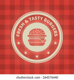 fast food restaurant label on red checkered tablecloth background
