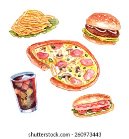 Fast food restaurant lunch menu with hand drawn pizza and hotdog pictograms composition watercolor vector isolated illustration