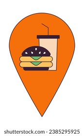 Fast food restaurant map pinpoint 2D linear cartoon object. Fastfood building location mark isolated line vector element white background. Hamburger stand pin mapping color flat spot illustration