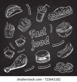 Fast Food Restaurant Menu Blackboard. Hand Drawn Sketch Burger French Fries Hot Dog. Vector illustration