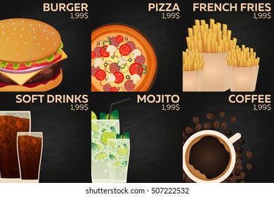 Fast food restaurant menu. Burger, pizza, french fries, soda, mojito and coffee