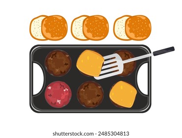 Fast food with fast food restaurant menu Cheese Hamburger Set Grilled meat on a hot griddle and bread. Top view of American-style cooking. Isolated objects on a white background for poster design.