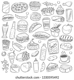 Fast Food Restaurant Menu Clip Art. Doodle Icons Sketch Hand Made Design Vector.