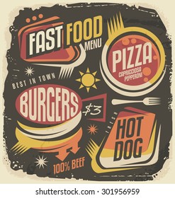 Fast food restaurant menu creative design concept. Burger, pizza, hot dog unique labels on black chalkboard. Retro ad template on old paper texture. 