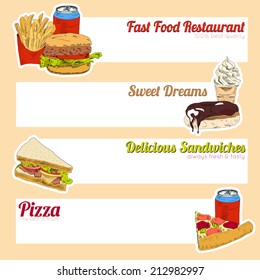 Fast food restaurant menu delicious sandwiches pizza hotdog sweet drinks fill in template form banner vector illustration