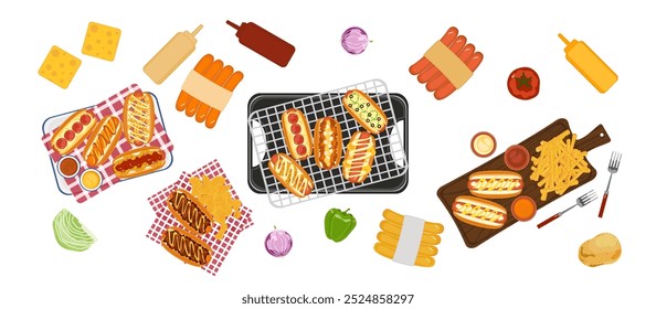 Fast food with fast food restaurant menu Menu hot dog, garlic, bell pepper, sausage, bread, sandwich, french fries, plate, breakfast set. Food menu isolated objects from background for poster design.