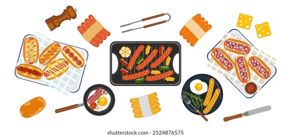 Fast food with fast food restaurant menu Menu hot dog, garlic, bell pepper, sausage, bread, sandwich, french fries, plate, breakfast set. Food menu isolated objects from background for poster design.