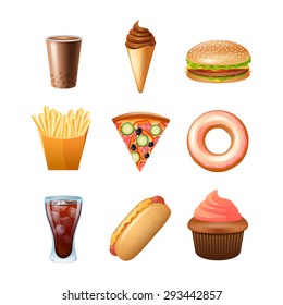 Fast food  restaurant menu icons collection with donut cupcake and double cheeseburger abstract color isolated vector illustration