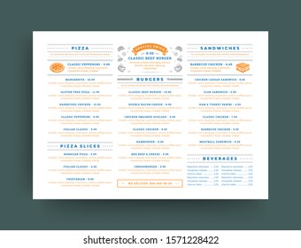 Fast food restaurant menu layout design brochure or flyer template vector illustration. Pizzeria logo with vintage typographic decoration elements and fast food graphics.