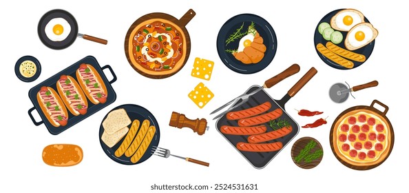 Fast food with a fast food restaurant menu. Pizza in tray, hot dog, sausage, bread, croissant, sandwich, fried egg, sheet, breakfast set. Food menu isolated objects on the background for poster design