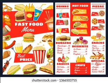 Fast food restaurant menu, price for hot dogs, burgers or sandwiches and desserts. Vector fastfood takeaway and delivery menu of Mexican burrito, cheeseburger or hamburger, chicken grill and fries