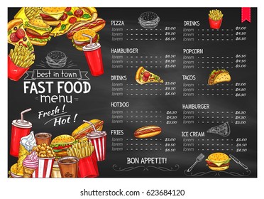 Fast food restaurant menu. Price design cover for fastfood burgers meals and french fries snacks, hot dog and pizza or barbecue chicken wings and nuggets, cheeseburger. popcorn and ice cream dessert