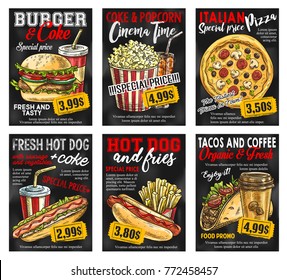 Fast food restaurant menu promo card with special price. Hamburger, hotdog and pizza with soda and coffee drink, french fries, mexican taco and popcorn sketch banner on chalkboard for fast food design