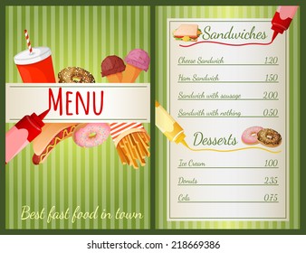 Fast food restaurant menu with sandwiches and desserts vector illustration