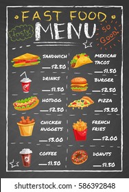 Fast food restaurant menu with sandwiches nuggets potato fries pizza donuts drinks on black chalkboard vector illustration