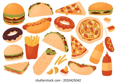 Fast food restaurant menu set vector illustration. Cartoon yummy fastfood meal sticker collection with delicious hot dog sandwich hamburger taco pizza donut french fries cheeseburger isolated on white