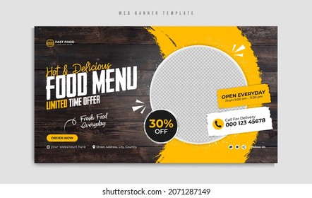 Fast food restaurant menu social media marketing web banner template design. Pizza, burger and healthy food business online promotion flyer with abstract background, logo and icon. Sale cover. - Shutterstock ID 2071287149