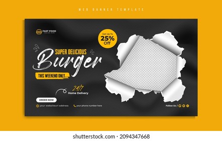 Fast food restaurant menu social media marketing web banner template design with abstract background, logo and icon. Burger, hamburger and pizza online sale business promotion modern flyer and cover.