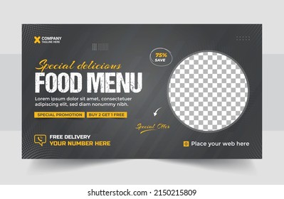 Menú de comida rápida diseño de plantillas de banner de marketing en redes sociales. Pizza, hamburguesa y negocio de alimentos saludables volante de promoción en línea con fondo abstracto, logotipo e ícono. Diseño de la cubierta de venta.