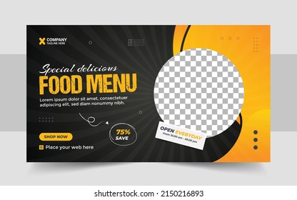 Fast food restaurant menu social media marketing web banner template design. Pizza, burger and healthy food business online promotion flyer with abstract background, logo and icon. Sale cover banner