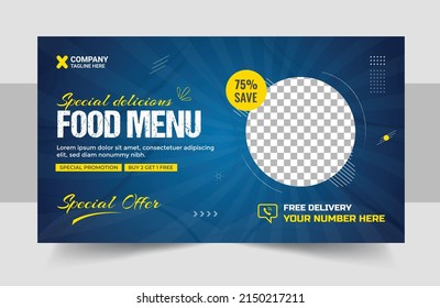 Fast food restaurant menu social media marketing web banner template design. Pizza, burger and healthy food business online promotion flyer with abstract background, logo and icon. Modern  Sale cover.