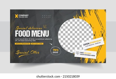 Fast food restaurant menu social media marketing web banner template design. Pizza, burger and healthy food business online promotion flyer with abstract background, logo and icon. Sale web banner.