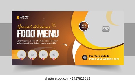 Fast food restaurant menu social media marketing web banner template design. Pizza, burger and healthy food business online promotion flyer with abstract background, logo and icon. Sale cover