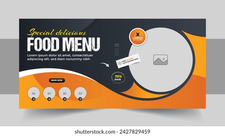 Fast food restaurant menu social media marketing web banner template design. Pizza, burger and healthy food business online promotion flyer with abstract background, logo and icon. Food web banner