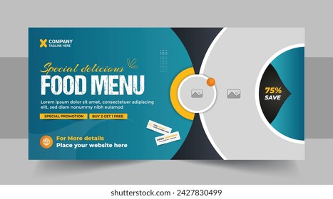 Fast food restaurant menu social media marketing web banner template with logo and icon. Pizza, burger and healthy food business promotion flyer. Abstract sale cover background design.