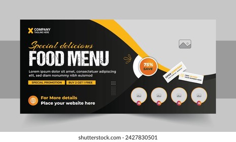 Fast food restaurant menu social media marketing web banner template with logo and icon. Pizza, burger and healthy food business promotion flyer. Abstract sale cover background design.