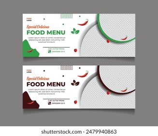 Fast food restaurant menu social media marketing web banner template design. Pizza, burger and healthy food business online promotion flyer with abstract background, logo and icon. Sale cover.