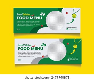 Fast food restaurant menu social media marketing web banner template design. Pizza, burger and healthy food business online promotion flyer with abstract background, logo and icon. Sale cover.