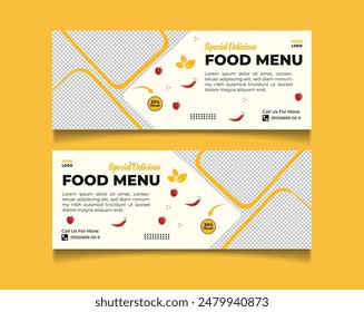 Fast food restaurant menu social media marketing web banner template design. Pizza, burger and healthy food business online promotion flyer with abstract background, logo and icon. Sale cover.