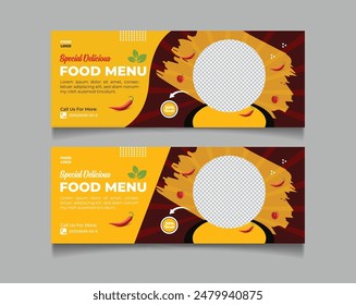 Fast food restaurant menu social media marketing web banner template design. Pizza, burger and healthy food business online promotion flyer with abstract background, logo and icon. Sale cover.