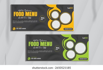 Fast food restaurante menu social media marketing web banner design de modelo. Pizza, hambúrguer saudável negócio de alimentos on-line folheto de promoção com fundo abstrato, ícone do logotipo. Tampa de venda com maquete 