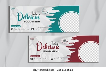: Fast food menu restaurante mídia social marketing web banner design de modelo. Pizza, hambúrguer saudável negócio de alimentos on-line folheto de promoção com fundo abstrato, ícone do logotipo. Tampa de venda com maquete