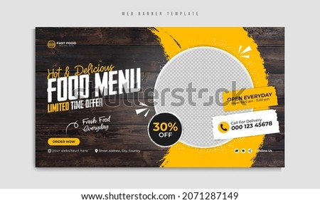 Fast food restaurant menu social media marketing web banner template design. Pizza, burger and healthy food business online promotion flyer with abstract background, logo and icon. Sale cover. Foto d'archivio © 