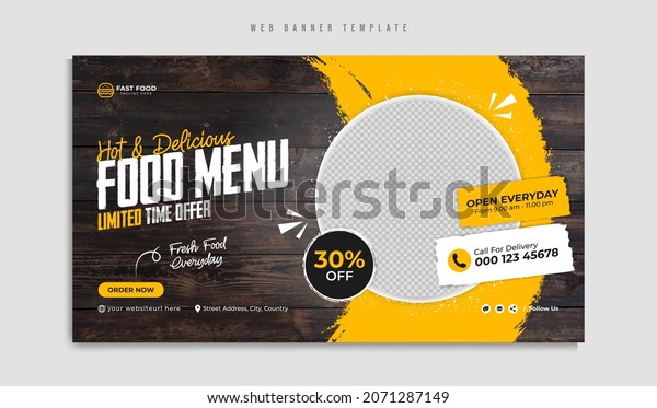 Fast food restaurant menu social media marketing\
web banner template design. Pizza, burger and healthy food business\
online promotion flyer with abstract background, logo and icon.\
Sale cover.