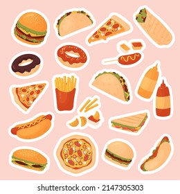 Fast food restaurant menu sticker pack set vector illustration. Cartoon yummy fastfood meal stickers with delicious hot dog sandwich hamburger taco pizza donut french fries cheeseburger isolated