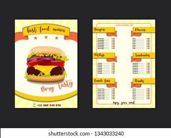 Fast food restaurant menu template. Lunch dishes and drinks list with prices and burger, pizza, hot dog, soda, fries, coffee, donut, sandwich for folding brochure design. Vector illustration