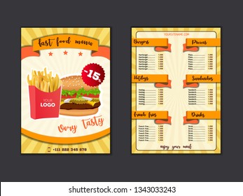 Fast food restaurant menu template. Lunch dishes and drinks list with prices and burger, pizza, hot dog, soda, fries, coffee, donut, sandwich for folding brochure design. Vector illustration