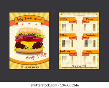 Fast food restaurant menu template. Lunch dishes and drinks list with prices and burger, pizza, hot dog, soda, fries, coffee, donut, sandwich for folding brochure design. Vector illustration