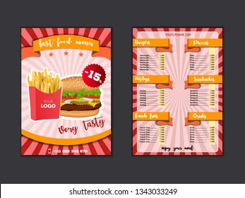 Fast food restaurant menu template. Lunch dishes and drinks list with prices and burger, pizza, hot dog, soda, fries, coffee, donut, sandwich for folding brochure design. Vector illustration
