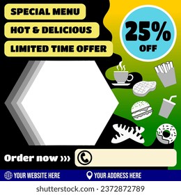 Fast food restaurant menu template design for donut, burger, steak, bread, coffee and healthy food online promotion flyer with featuring abstract background and sale icon
