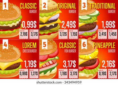 Fast food restaurant menu template vector illustration elements. Set of abstract advertising price tags about fast food meal. Six banners of fast food. Different burgers and cheeseburgers. Cafe menu.