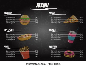 Fast food restaurant menu template. Hand drawn fast food doodle illustration. Burgers, pizza and other food.