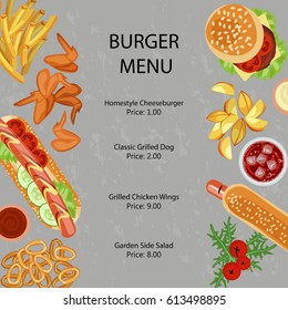 Fast food restaurant menu template with different dishes meals and drinks. Vector illustration eps 10